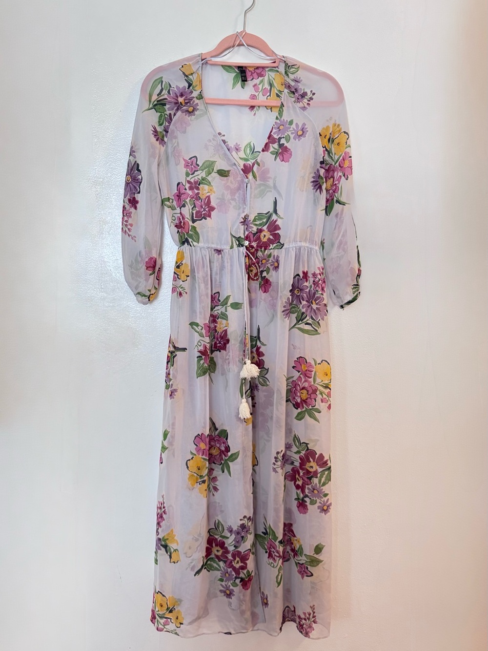 Zara Sheer Floral Maxi Dress (beach coverup) with Tassel Tie